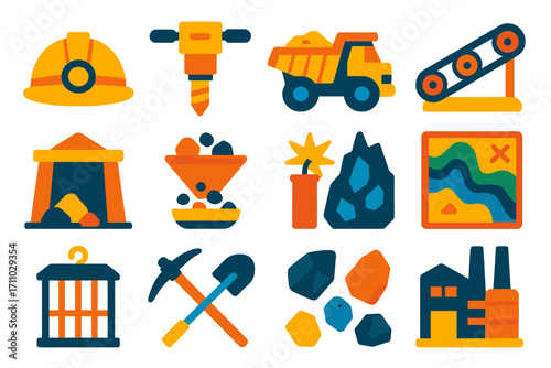 Mining Icons Design. Flat vector icons of mining engineering: mining helmet, excavation drill, ore truck, conveyor system, mine