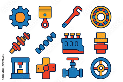 Mechanical Engineering Icons. Flat vector icons of mechanical engineering: gear icon, piston symbol, torque wrench, bearing icon,