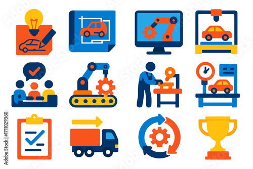 Engineering Project Icons. Flat vector icons of engineering project phases: concept sketch, design icon, simulation test,