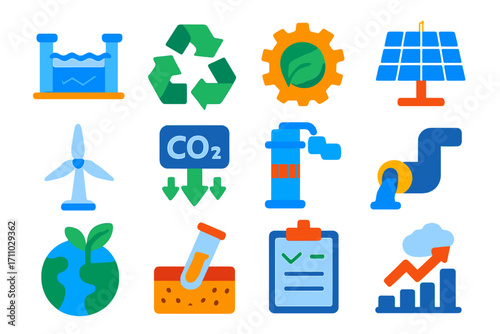 Environmental Engineering Icons. Flat vector icons of environmental engineering: water treatment tank, recycling icon, green