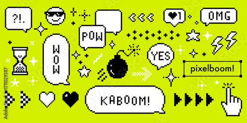 White pixel game speech bubbles with text Pow, Wow, Omg, Kaboom, Yes on green bg. Retro messaging vector elements, bomb icon, stars, hearts, smile cool sunglasses for arcade nostalgic digital design