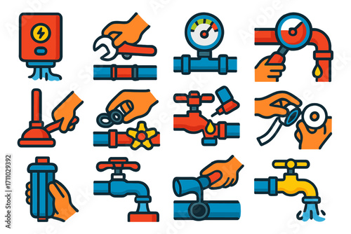 Plumbing Maintenance Icons. Flat vector icons of plumbing maintenance: flushing water heater, tightening fittings, checking