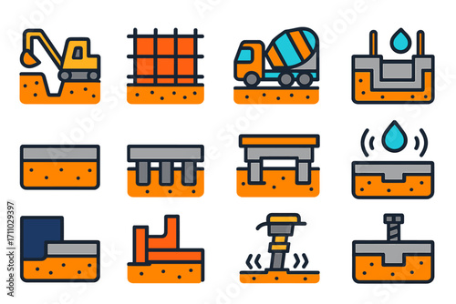 Foundation Construction Icons. Flat vector icons of foundation construction: trench digging, rebar grid, concrete pouring, footing