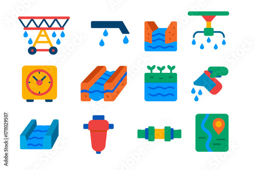 Agricultural Irrigation Icons. Flat vector icons of agricultural irrigation systems: center pivot, drip irrigation pipe, open
