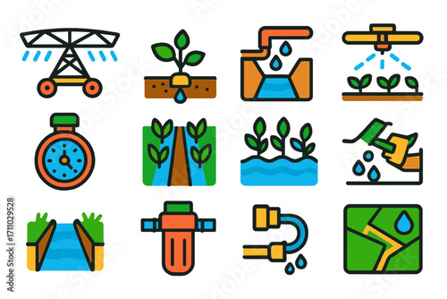 Agricultural Irrigation Icons. Flat vector icons of agricultural irrigation systems: center pivot, drip irrigation pipe, open