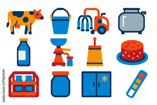 Dairy Livestock Icons. Flat vector icons of dairy livestock: dairy cow, milk bucket, milking machine, milk storage tank, milk