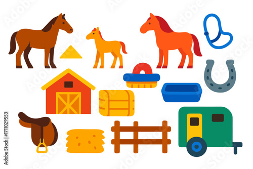 Equine Farm Icons. Flat vector icons of equine farming: horse, foal, mare, bridle, stable, hay bale, grooming brush, horseshoe,