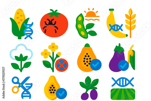 Genetically Modified Crop Icons. Flat vector icons of genetically modified crops: DNA corn, insect-resistant tomato,