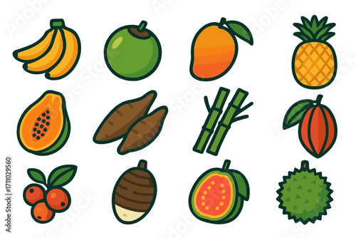 Tropical Crop Icons. Flat vector icons of tropical crops: banana bunch, coconut, mango, pineapple, papaya, cassava, sugarcane,