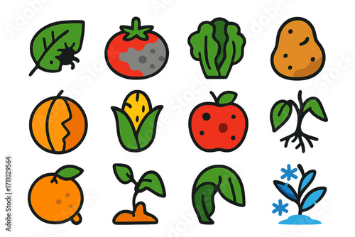 Damaged Crop Icons. Flat vector icons of damaged crops: insect-eaten leaf, moldy tomato, wilted lettuce, diseased potato, cracked