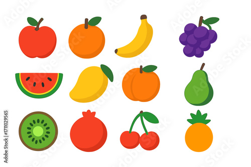Vibrant Fruit Icons. Flat vector icons of fruit crops: apple, orange, banana, grape bunch, watermelon, mango, peach, pear, kiwi,