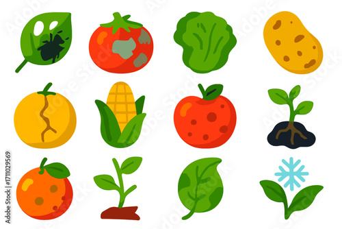 Damaged Crop Icons. Flat vector icons of damaged crops: insect-eaten leaf, moldy tomato, wilted lettuce, diseased potato, cracked