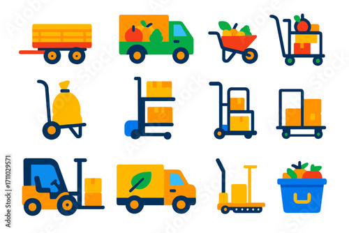 Harvest Transport Icons. Flat vector icons of harvest transportation: farm trailer, produce truck, wheelbarrow full of harvest,