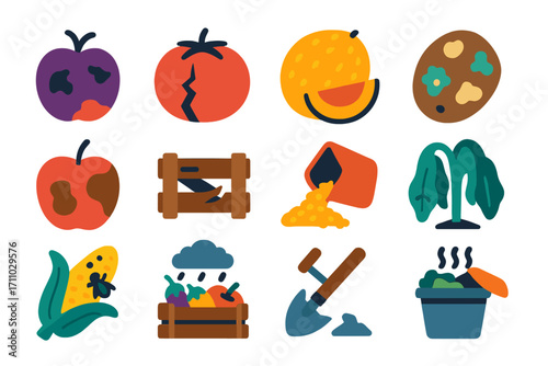 Harvest Damage Icons. Flat vector icons of harvest damage: rotten fruit, cracked tomato, overripe melon, moldy potato, bruised