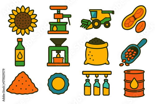 Oil Crop Icons. Flat vector icons of oil crop harvest: sunflower head, oil press, canola combine, peanut pod, oil bottle, pressing
