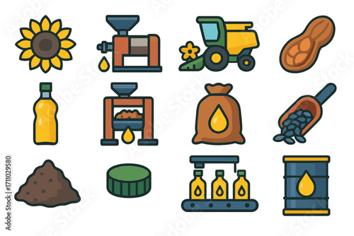 Oil Crop Icons. Flat vector icons of oil crop harvest: sunflower head, oil press, canola combine, peanut pod, oil bottle, pressing