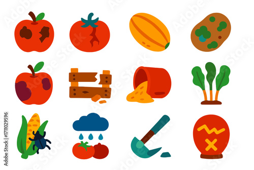 Harvest Damage Icons. Flat vector icons of harvest damage: rotten fruit, cracked tomato, overripe melon, moldy potato, bruised