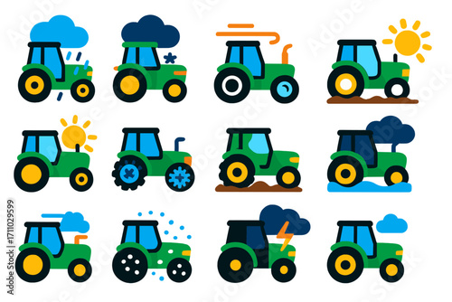 Weather-Inspired Tractor Icons. Flat vector icons of tractor in weather: tractor in rain, snowy tractor, dusty condition,