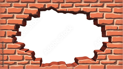 Broken Brick wall with white Hole. A Brick wall with a large hole in the center. Vector Illustration.