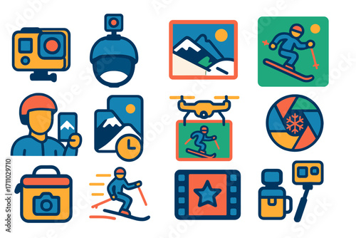 Ski Photography Icons. Flat vector icons of ski photography and video: action cam, helmet mount, slope shot, jump freeze-frame,