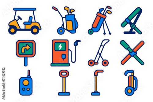 Golf Cart Icons. Flat vector icons of golf cart and transport: golf cart, push cart, electric trolley, club carrier, golf bag