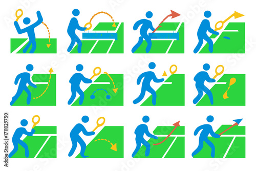 Tennis Strategy Icons. Flat vector icons of tennis strategies: serve and volley, baseline play, approach shot, cross-court rally,
