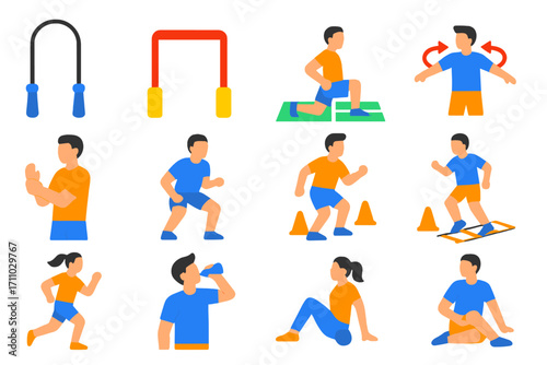 Tennis Fitness Icons. Flat vector icons of tennis warm-up and fitness: jump rope, resistance band, court lunges, shoulder rotation
