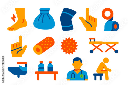 Basketball Injury Icons. Flat vector icons of basketball injuries and care: ankle sprain, ice pack, knee sleeve, wrist wrap,