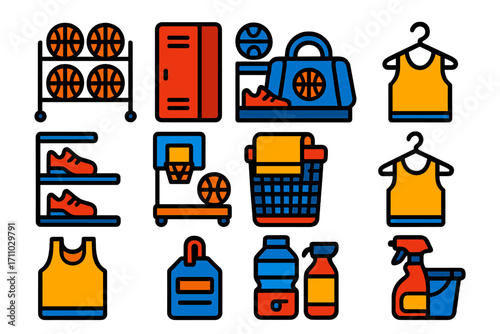 Basketball Equipment Icons. Flat vector icons of basketball equipment storage: ball rack, locker icon, gear shelf, team bag, shoe