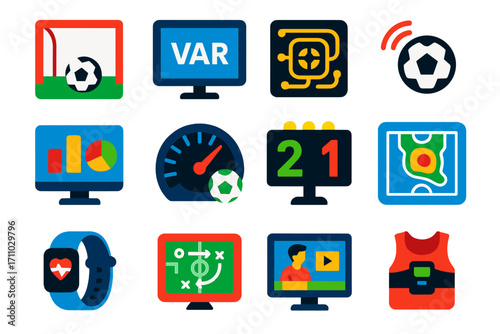 Soccer Tech Icons. Flat vector icons of soccer tech and data: goal-line technology, VAR monitor, player tracking chip, smart ball,