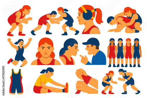 Women's Wrestling Icons. Flat vector icons of women’s wrestling: female wrestler stance, takedown shot, headgear on ponytail,