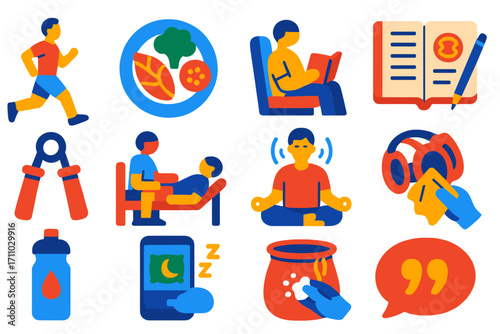 Wrestling Icons Set. Flat vector icons of wrestling lifestyle and discipline: morning run, weight cut meal, study break, training