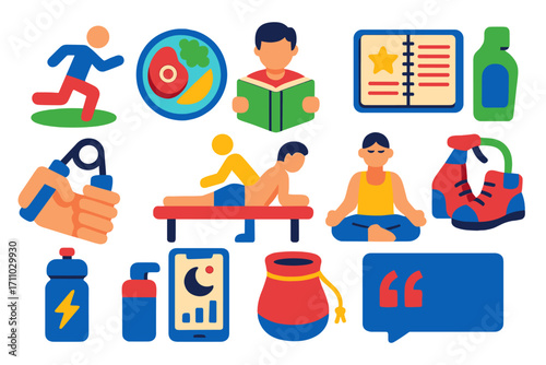 Wrestling Icons Set. Flat vector icons of wrestling lifestyle and discipline: morning run, weight cut meal, study break, training