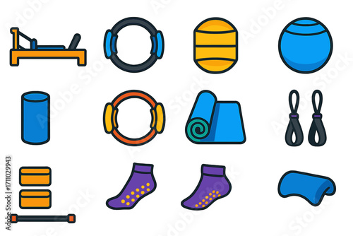 Bold Pilates Equipment Icons. Flat vector icons of pilates equipment: reformer machine, pilates ring, resistance band, stability