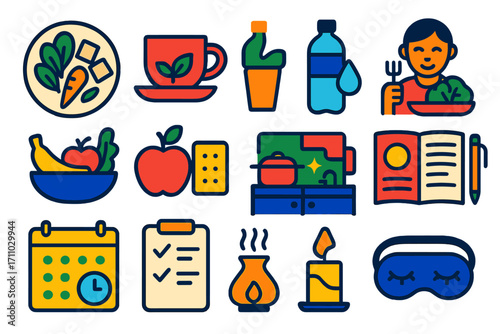Yoga Lifestyle Icons. Flat vector icons of yoga nutrition and lifestyle: plant-based meal, herbal tea, hydration reminder, mindful