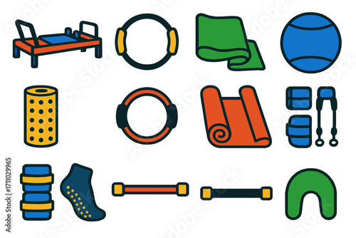 Bold Pilates Equipment Icons. Flat vector icons of pilates equipment: reformer machine, pilates ring, resistance band, stability