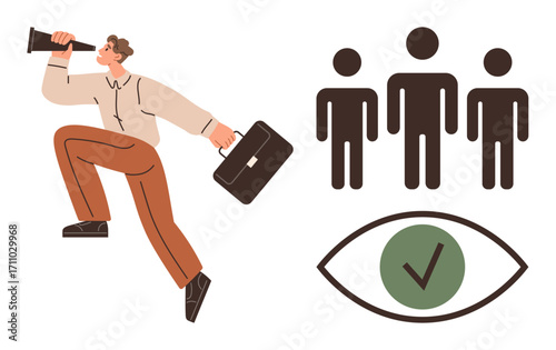 Businessman holding a megaphone and briefcase walking toward crowd symbols with focus on an eye containing a green checkmark. Ideal for leadership, recruitment, strategy, vision, goals, validation
