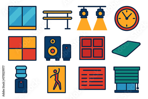 Dance Studio Essentials. Flat vector icons of dance studio elements: mirrored wall, barre, dance floor, sound system, studio