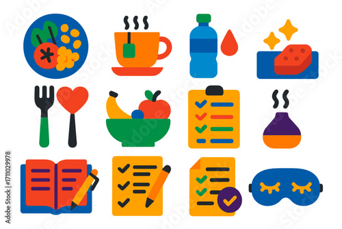 Yoga Lifestyle Icons. Flat vector icons of yoga nutrition and lifestyle: plant-based meal, herbal tea, hydration reminder, mindful