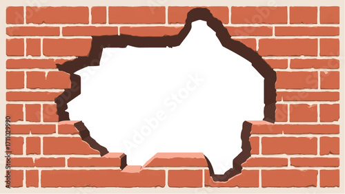 Broken Brick wall with white Hole. A Brick wall with a large hole in the center. Vector Illustration.