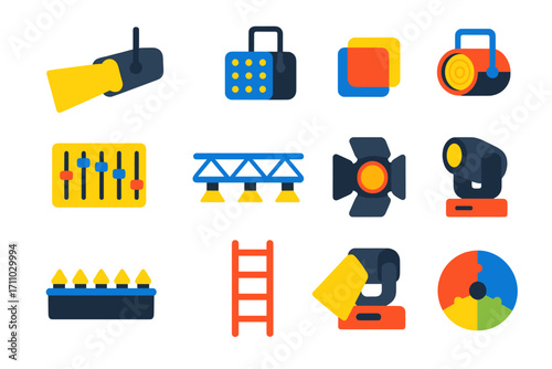 Theater Lighting Icons. Flat vector icons of theater lighting: spot beam, LED light, gel filter, fresnel lamp, dimmer board, light