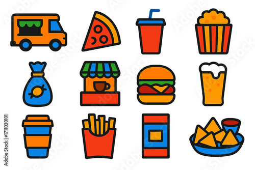 Concert Food Icons. Flat vector icons of concert food and drinks: food truck, pizza slice, soda cup, popcorn bucket, candy bag,