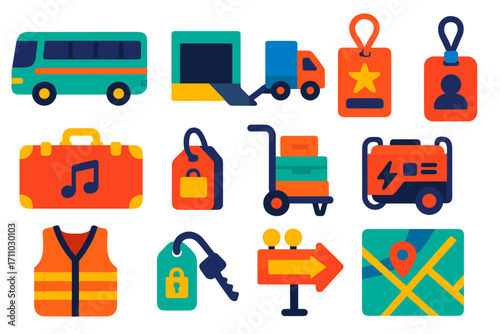 Concert Logistics Icons. Flat vector icons of concert transportation and logistics: tour bus, loading dock, truck ramp, backstage