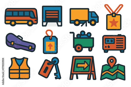 Concert Logistics Icons. Flat vector icons of concert transportation and logistics: tour bus, loading dock, truck ramp, backstage