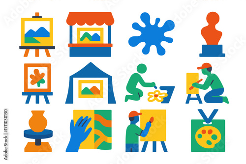 Vibrant Art Festival Icons. Flat vector icons of art festivals: easel and canvas, artist booth, paint splatter, sculpture display,