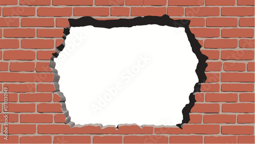 Broken Brick wall with white Hole. A Brick wall with a large hole in the center. Vector Illustration.