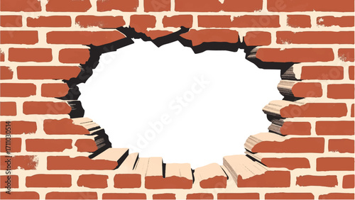 Broken Brick wall with white Hole. A Brick wall with a large hole in the center. Vector Illustration.