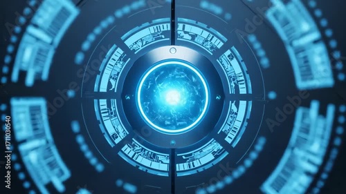 Technological Core: A futuristic design, showcasing a glowing blue core surrounded by intricate circuit patterns and advanced technological elements. Emphasizing innovation and digital technology.