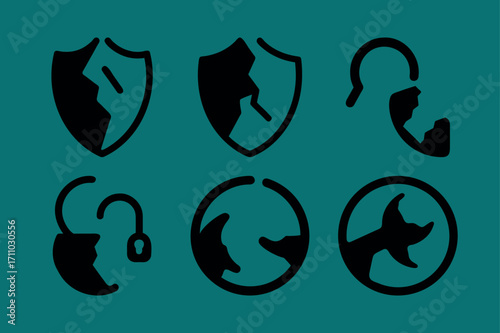 Conceptual Black Line Icons Depicting Damaged Protection and Recycle Symbols on a Teal Background Surface for Creative Projects