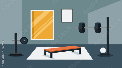 A home gym with white rubber flooring a black weight bench and a white mirror on the wall.